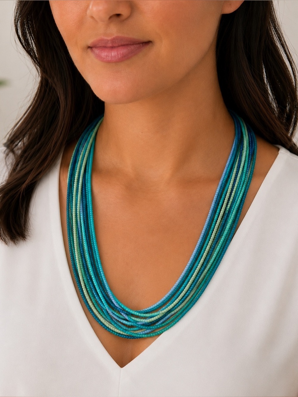 Vintage Seed Bead 10 Strand Blue Green Aqua Necklace 28 inches